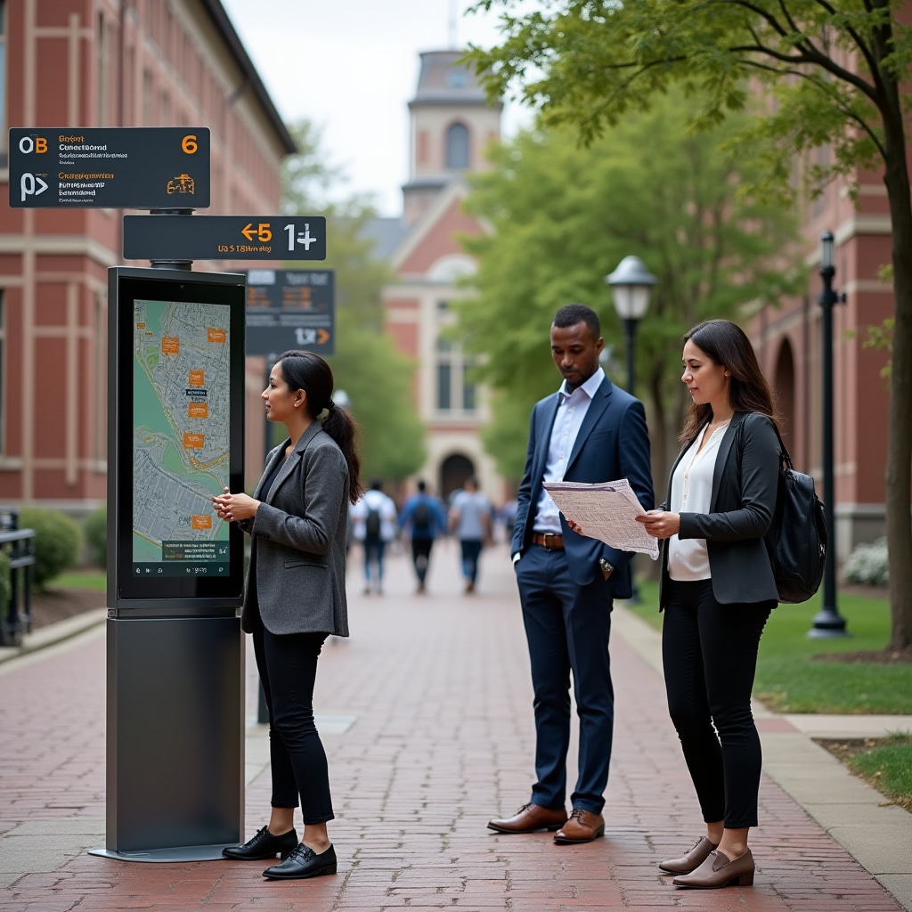 University campus with modern wayfinding kiosks showing building locations and walking paths integrated with historic architecture