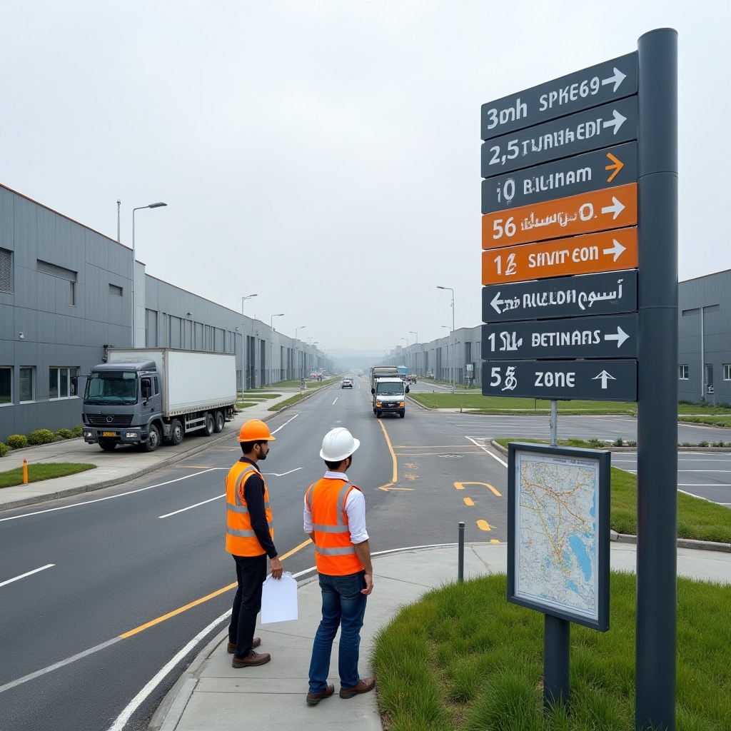 Industrial park with large format directional signage showing vehicle routes and pedestrian pathways with safety zone markings