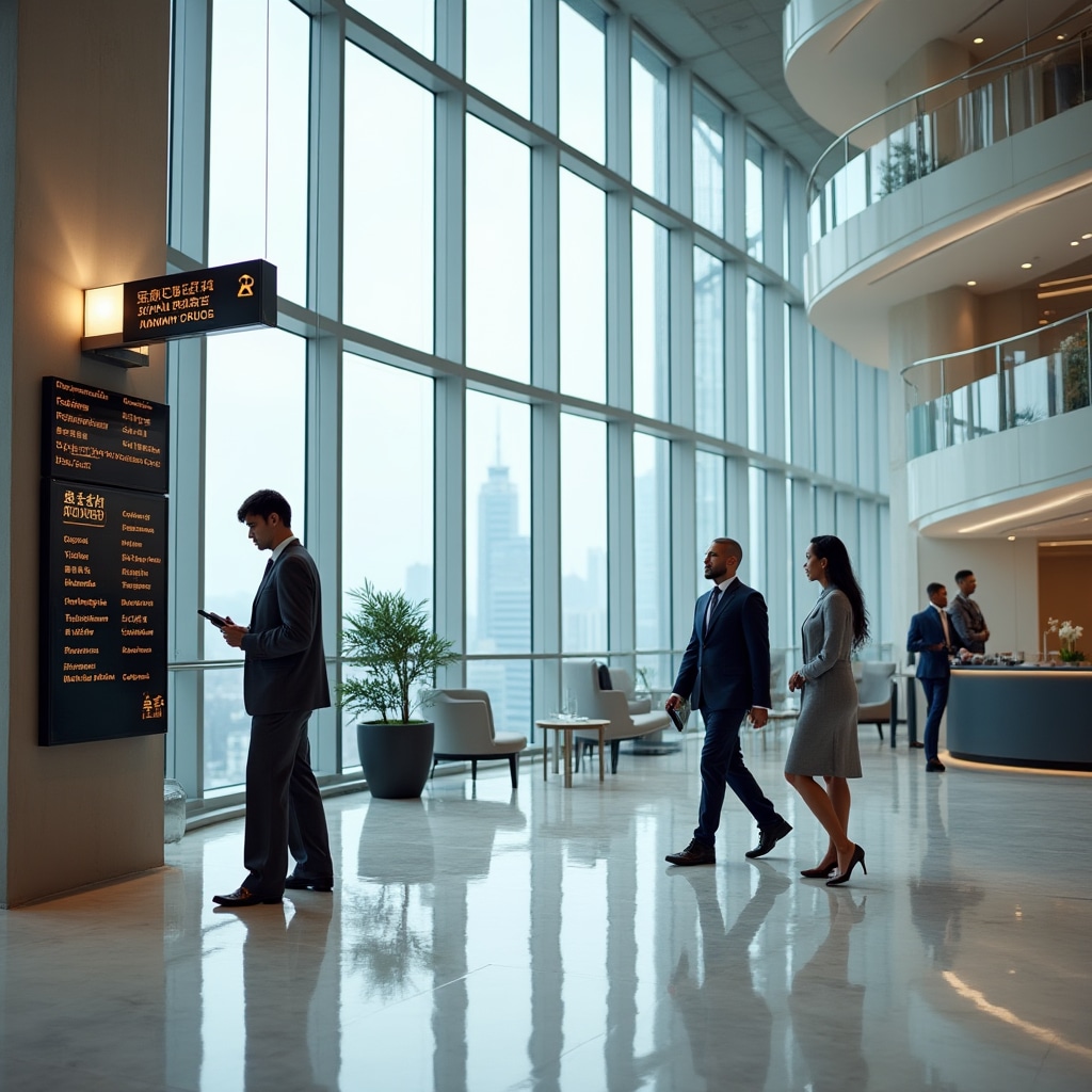 Modern office complex lobby with clear wayfinding signage and open architectural design