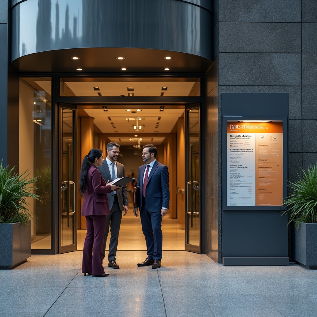 Modern office building entrance with clear directional signage and tenant directory in multilingual format