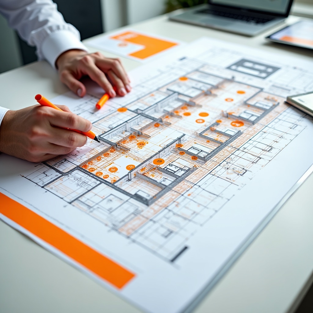 Detailed architectural floor plan with circulation paths and decision points marked for wayfinding analysis